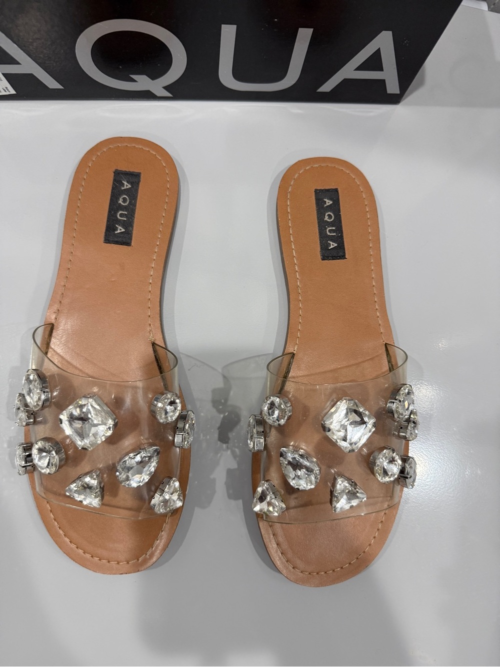 Aqua Clear Gem-Embellished Slide Sandals - Tan Footbed size 10 - Picture 6 of 12